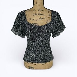 Anthropologie Aurelia Smocked Mesh Top Black White Ditsy Floral Puff Sleeve Sz S